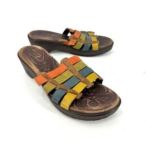 Born Womens Multi Color Leather Woven Slide Wedge Sandals Boho Strappy Brown